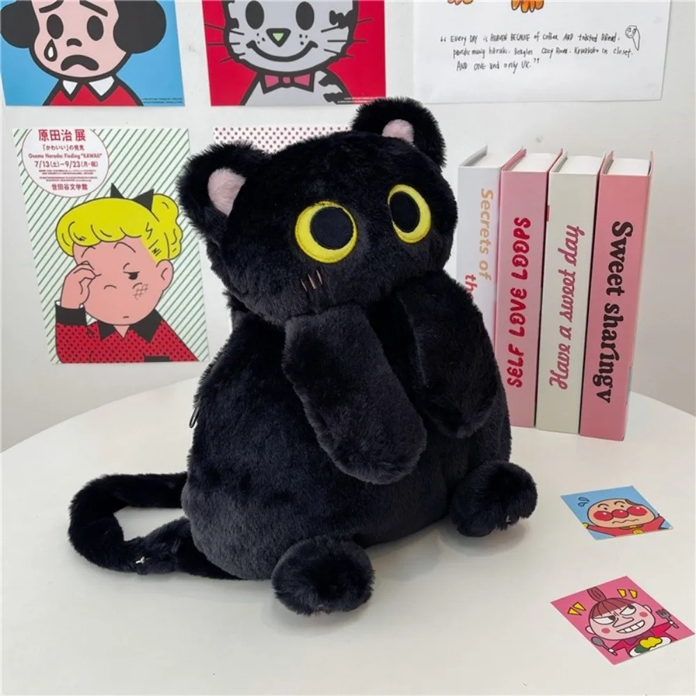 

Kawaii Cute Backpack Plush Big Capacity Shoulder Bag Black Cat Soft Fluffy Toy For Girls Women