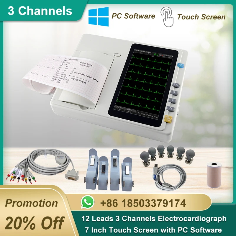 7 Inch Touch Screen 12-Lead 3-Channel ECG/EKG Machine Electrocardiograph with PC Analysis Software