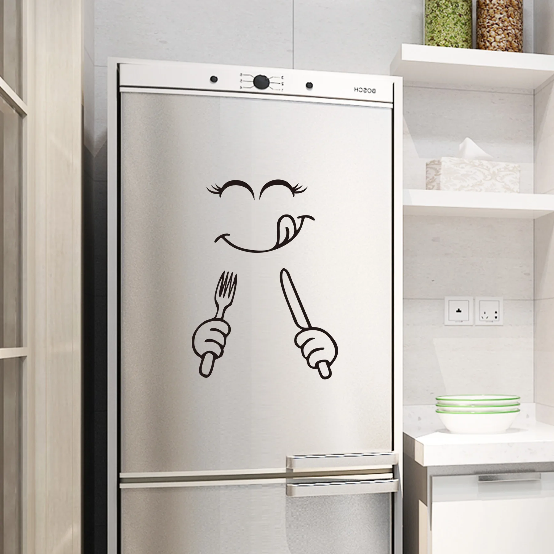 1pc Creative Sticker Fridge Happy Delicious Smile Face Kitchen Fridge Wall Art Cute Wall Stickers Refrigerator Home Decortion