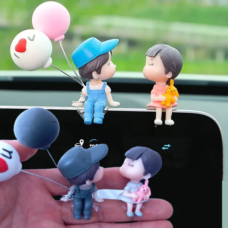 Car Ornaments Cute Cartoon Couples Action Figure Figurines Balloon Ornaments Auto Interior Accessories For Dashboard Girls Gifts