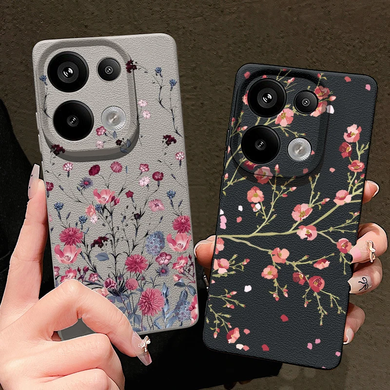 Retro Flowers Print Leather Texture TPU Case For Xiaomi Redmi Note 14 13 Pro Plus 5G 12 11 14 Poco X6 M6 F6 13T Pro Phone Cover