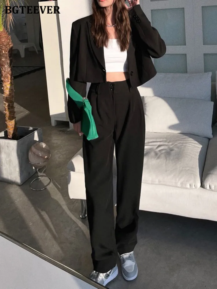 BGTEEVER Pantaloni larghi da donna alla moda 2 pezzi Set giacca a maniche lunghe con un bottone e pantaloni da tuta a gamba larga a vita alta Primavera Estate