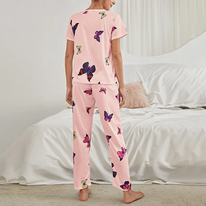 Women Pajamas Set Butterfly Pattern Print Sleepwear Autumn Milk Silk Sleep Top with Pants 2 Piece Pajama for Ladies Lingerie Set