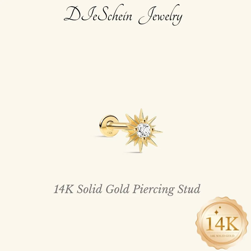 DIeSchein 14K Solid Gold Flat Back Stud Earring for Helix Tragus Daith Piercings Waterproof Gold Piercing Jewelry Dainty Earring