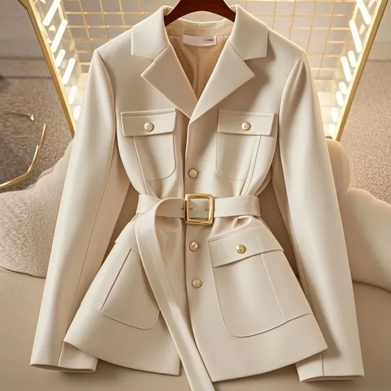 

Celebrity White Professional Suit Coat Women Pocket Belt Slim Jacket Autumn Spring High End Outerwear Office Lady 677P