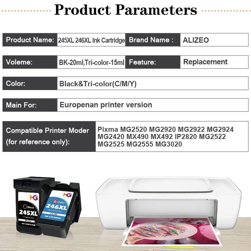 ALIZEO 245XL Ink Cartridge For Canon 245 246 XL Compatible Pixma IP2820 MX492 490 MG2420 2520 2920 TS202 302 3120 Printer PG CL