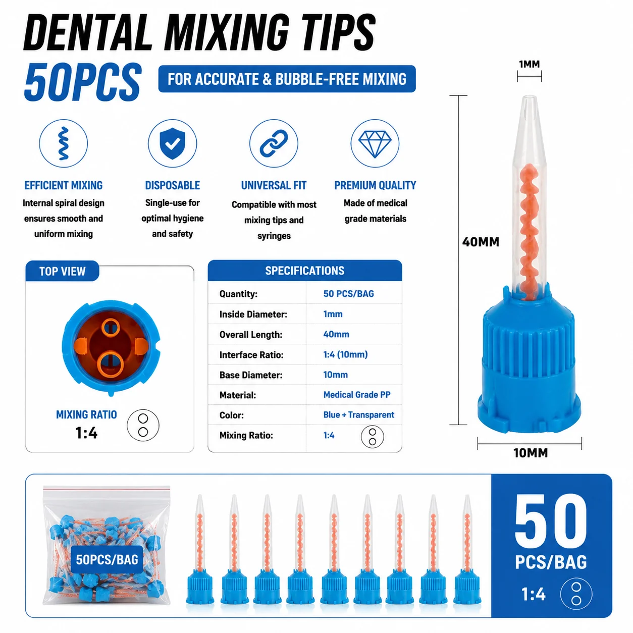 50/100 Stück Dental-Mischspitzen Einweg-Mixer 1:1 Gelbe Mischspitzen Einweg-Zahnmedizin-Mischspülungen Mischrohr
