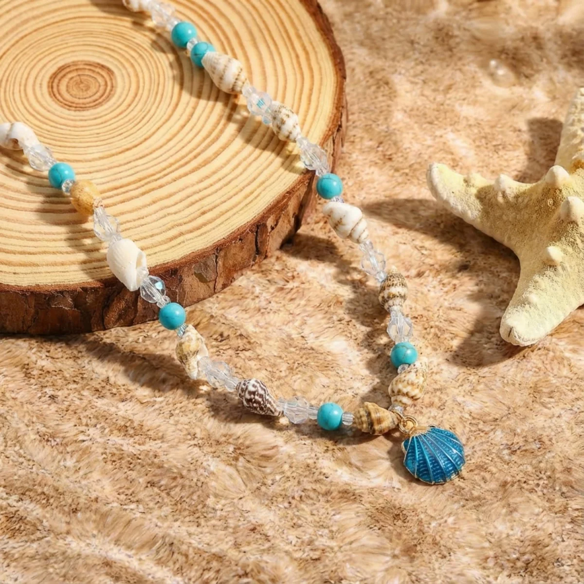 Metall-Seestern-Muschel-Anhänger-Halskette für Damen und Herren, Kristall-Reisperlen-Choker, Bohemian-Strandurlaub, Sommerparty-Schmuck – Detail 29