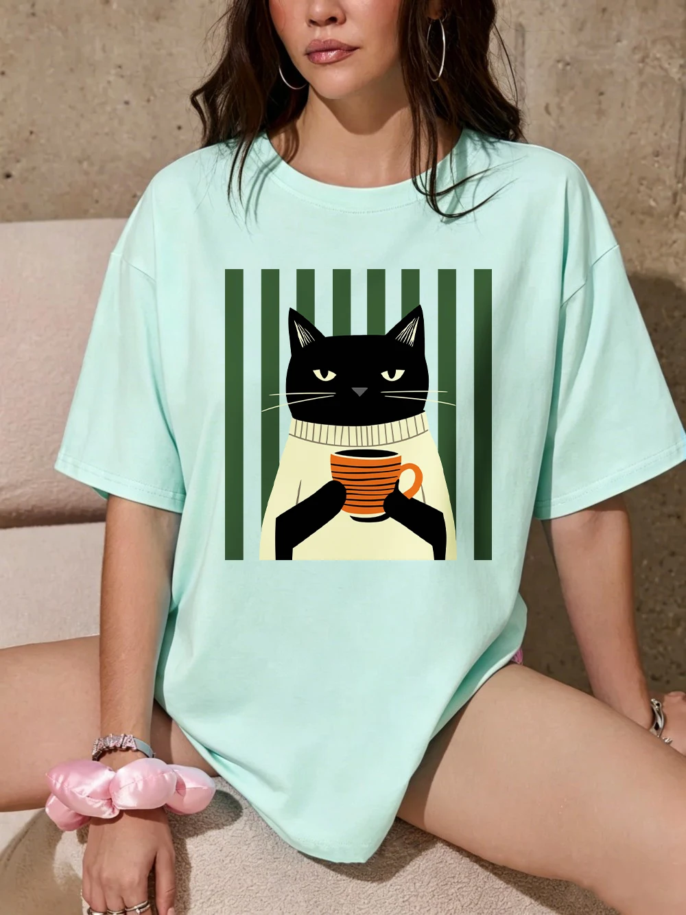 Schwarze Katze Kaffeetassen-Druck Baumwoll-T-Shirts Damen Sommer Oversized Tops Lässige Weiche Kurzarm-T-Shirts Basic O-Ausschnitt Kleidung – Detail 16