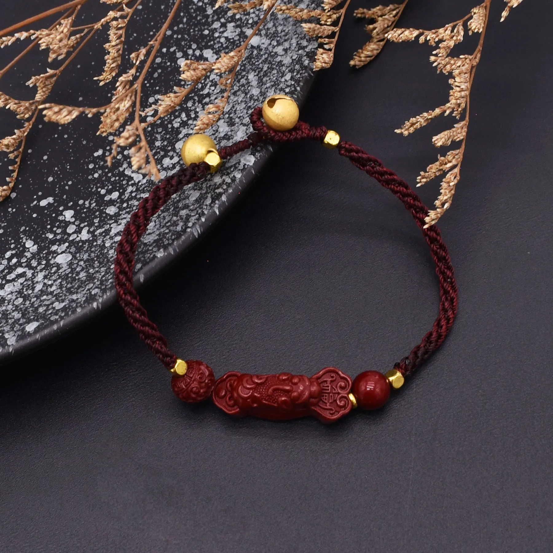 Chinese Red Cinnabar Pixiu Bracelet Vintage Beads Weave Rope Bangle Gifts Women Men Amulet Natural Jewelry Wealth Fortune Gift