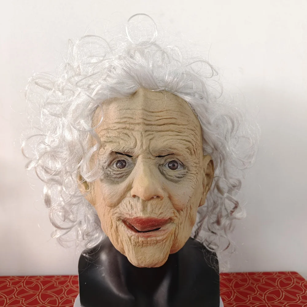 

Halloween Latex Horror Old Woman Mask White Short Hair Funny Moving Mouth Grandma Full Head mask Prank Realistic Character Mask