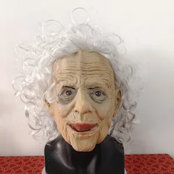 Halloween Latex Horror Old Woman Mask White Short Hair Funny Moving Mouth Grandma Full Head mask Prank Realistic Character Mask