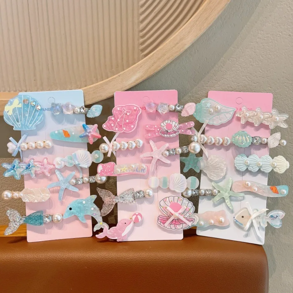 

Toddler Girls Blue Ocean Mermaid Shell Star Pearl Hairpin Little Girl Starfish Pearl Bangs Clip Girls Duck Clips Hairpin ZX07
