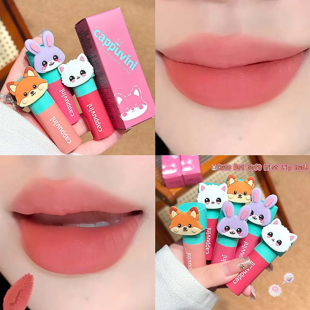 CAPPUVINI Cute Animal Lip Mud Matte Lip Tint Soft Mist Velvet Lip Gloss Long Lasting Lightweight Blurring Lip Color Makeup
