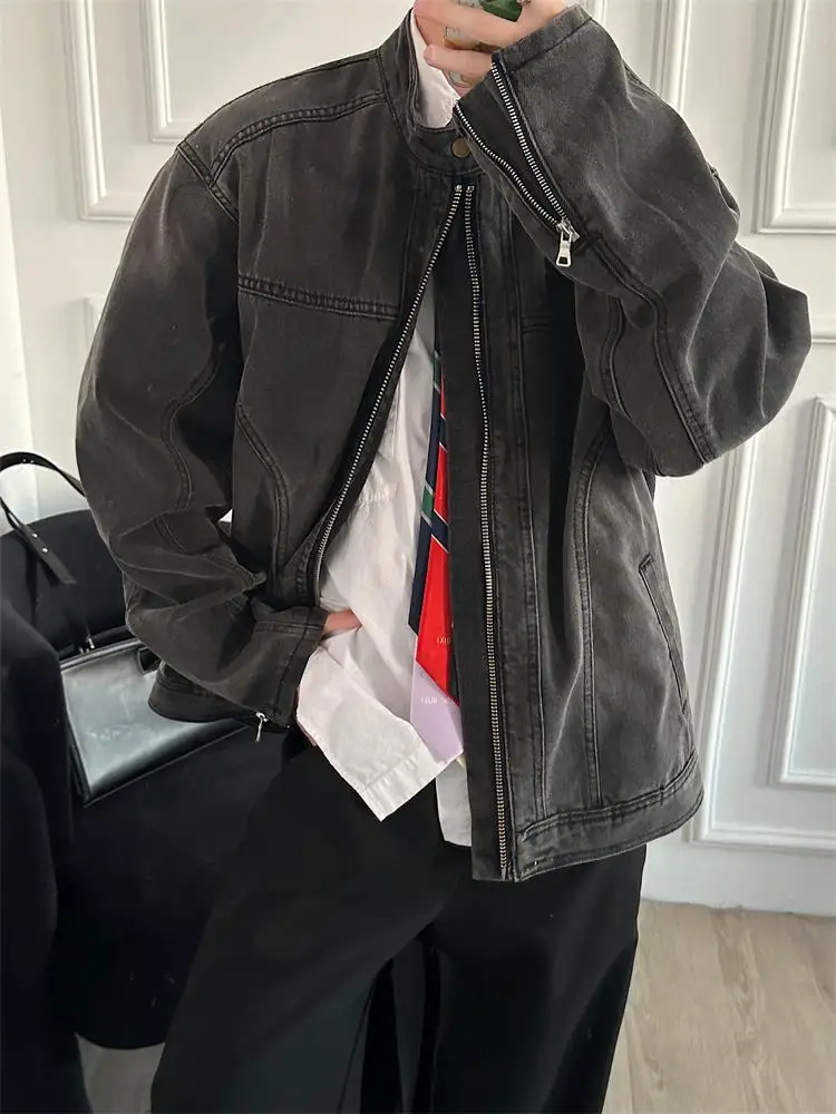 Cleanfit Short Shoulder Motorcycle Jacket Men's Style Spring Autumn Trendy Brand High-End Feeling Collarless Jeans Coat