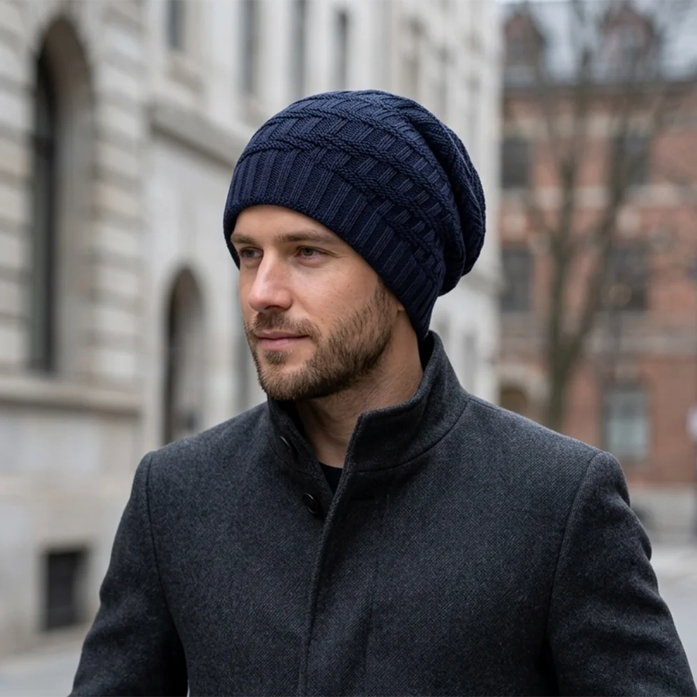 Men's Winter Warm Knitted Beanie with Thick Sherpa  Lining Soft Slouchy Waffle Grid Skull Cap Thermal Stretch Outdoor Hat
