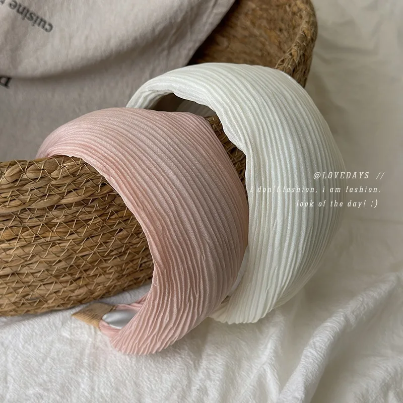 Wide Edge Pleated Headband Pink White Solid Cloth Soft Korean Creamy Style Non Slip Comfortable for Everyday Use