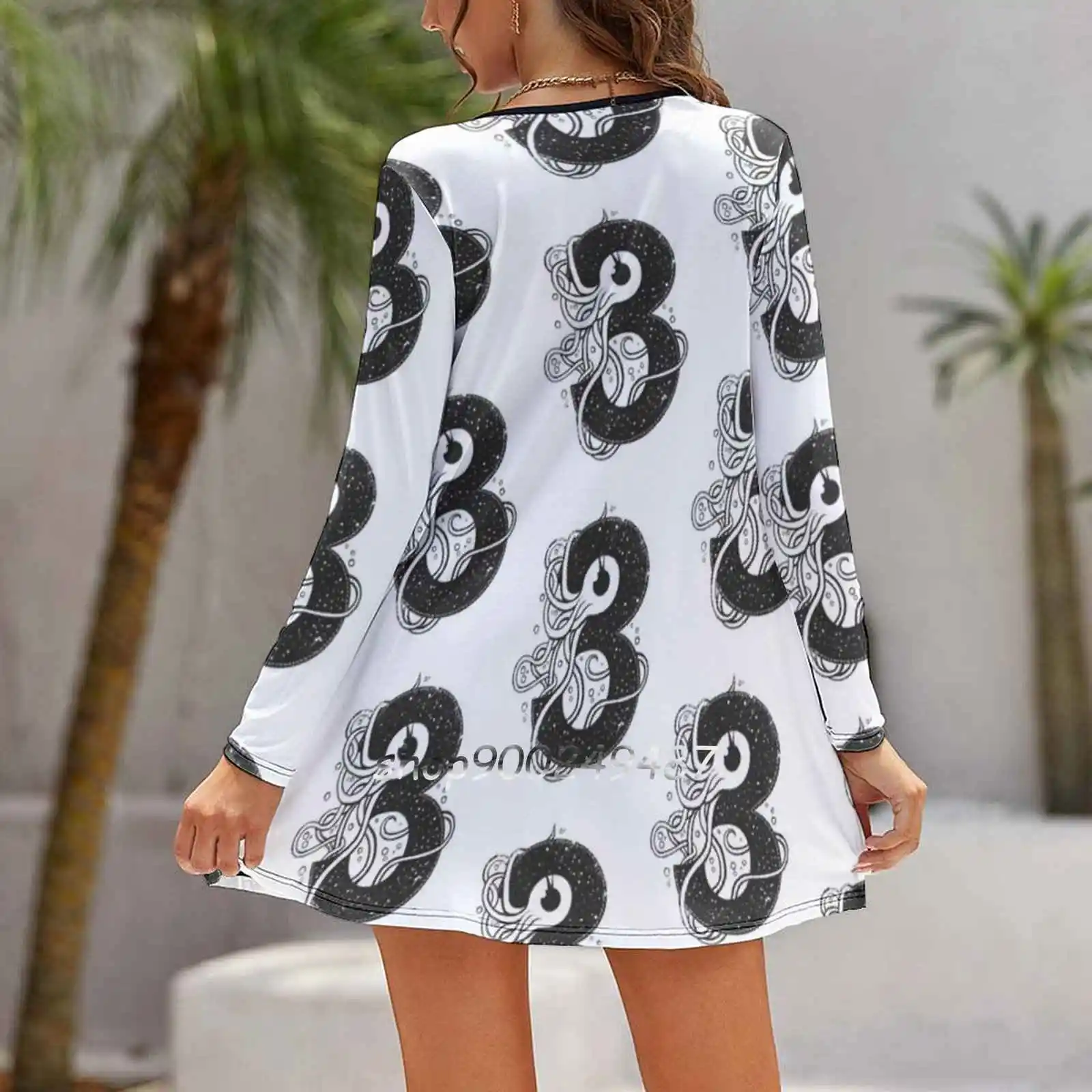 3Eyes Women Casual High Waist Mini Dress Long Sleeve Dress Autumn New Fashion Dress Abstract Animals Eyes Number Squid Animal