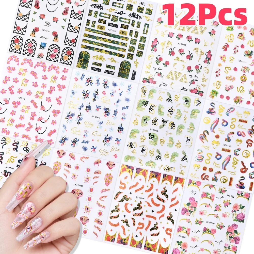 12Pcs 3D French Snake Print Nail Stickers Chinese Luxurious Peony Flower Nail Decal elf-Adhesive Sexy Leopard Snake Nail Slider
