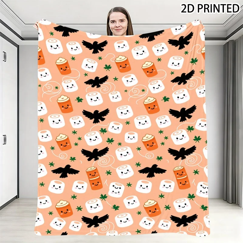 Playful Whimsical Smiling Marshmallow And Coffee Cup Print Throw Blanket, Cozy Light Peach Halloween Blanket for Fall Decor, Mul