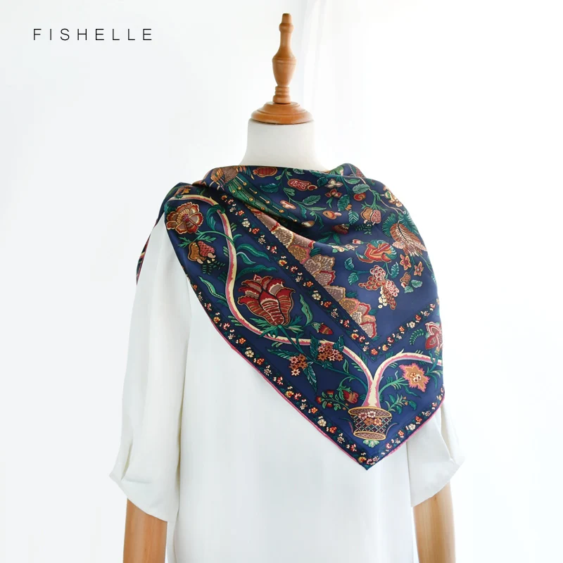 Foulards en soie naturelle bleu marine vintage pour femmes, grand carré eldana, hijab d'été et d'automne, 110 soie véritable, châle pour dame, 100% cm