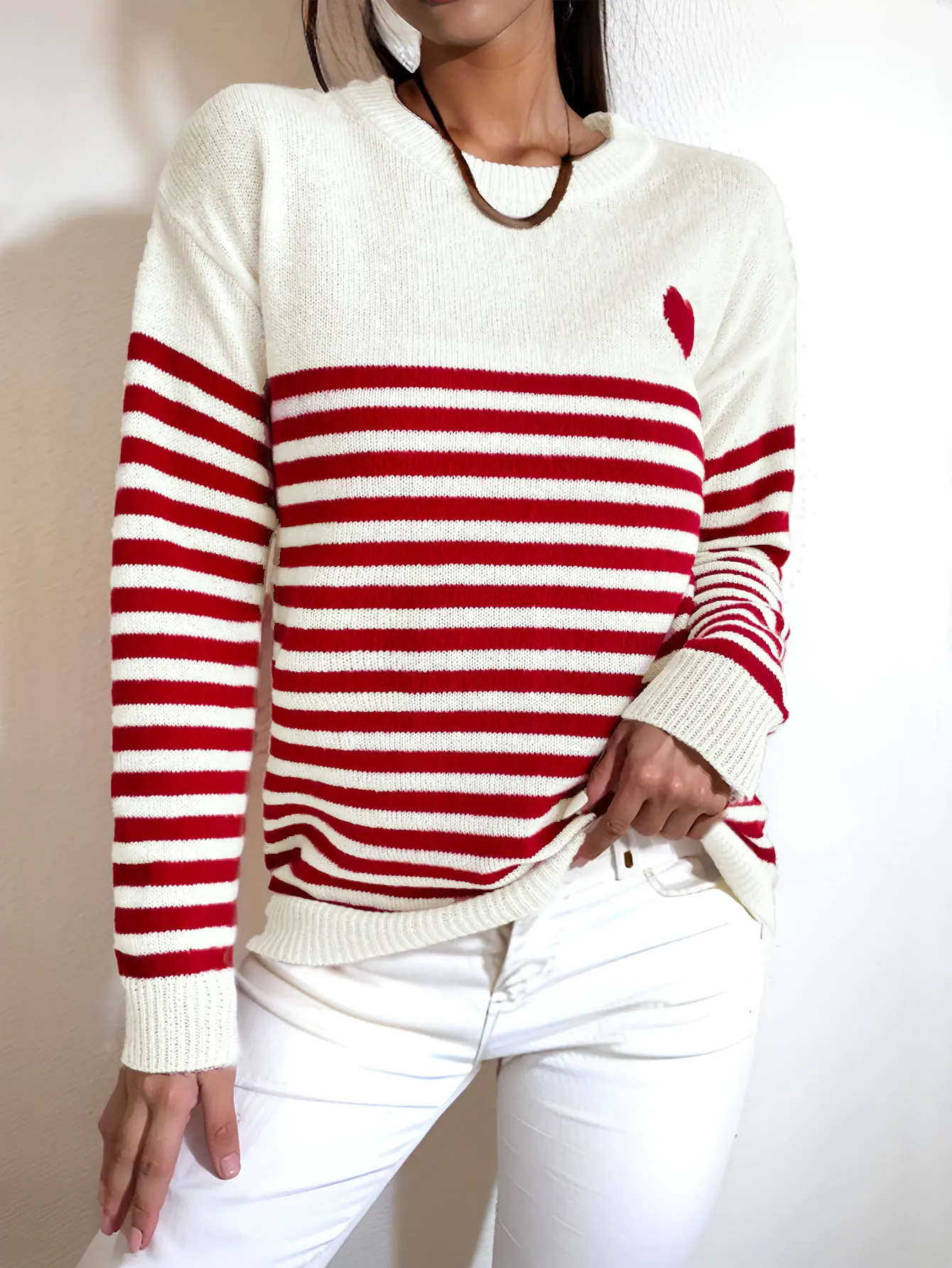 Women Striped Knit Love Heart Long Sleeve Base Layer Casual Loose Fit Sweater for Autumn & Winter