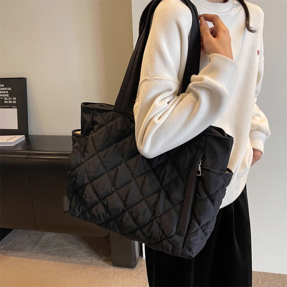 

Women Down Satchel Bag Adjustable Strap Soft Sling Bag Large Capacity Diamond Quilted Tote Bag Padding Shoulder Bag Shopping Bag