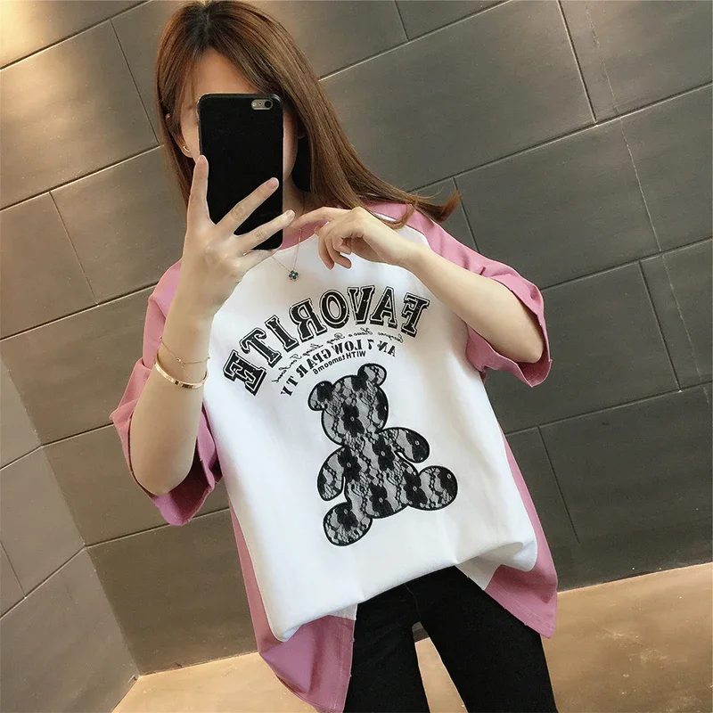 

Summer Bear Printed Half-sleeved T-shirts Color-blocking Short-sleeved T-shirt Women's New Loose Women's Top Kawaii Tshirt