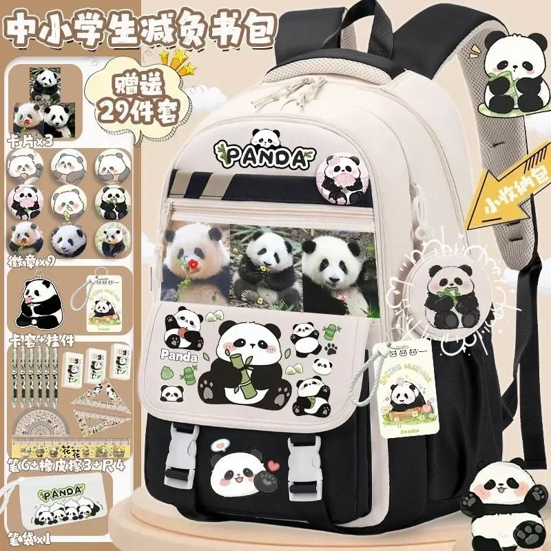 Mochila escolar de dibujos animados de Panda y flores, de gran capacidad bolso de hombro, Kawaii, juvenil, a la moda, para estudiantes