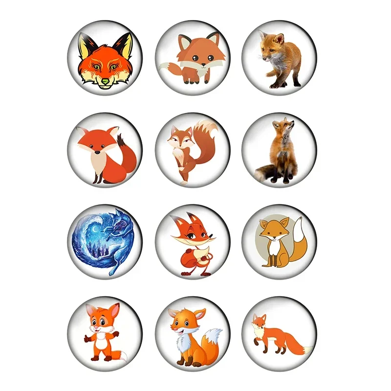 12pcs Cartoon Animals Fox Round Photo Glass Cabochon 10 12mm 14mm 18mm 20mm 25mm Demo Flat Back DIY Jewelry Making Supplies T026