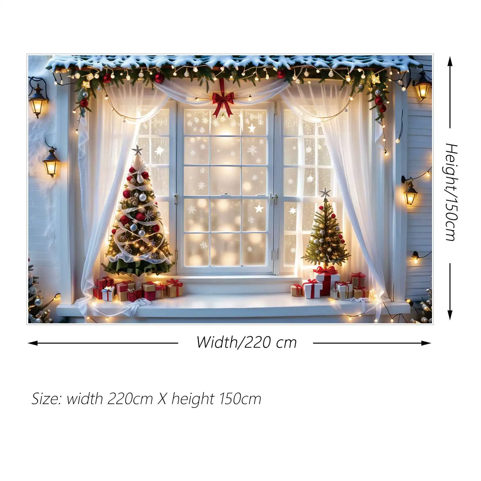 MOON.QG Backdrop Christmas Novelty Party Decoration Photo Background White Curtain Window Tree Snowflake Star Photography Props