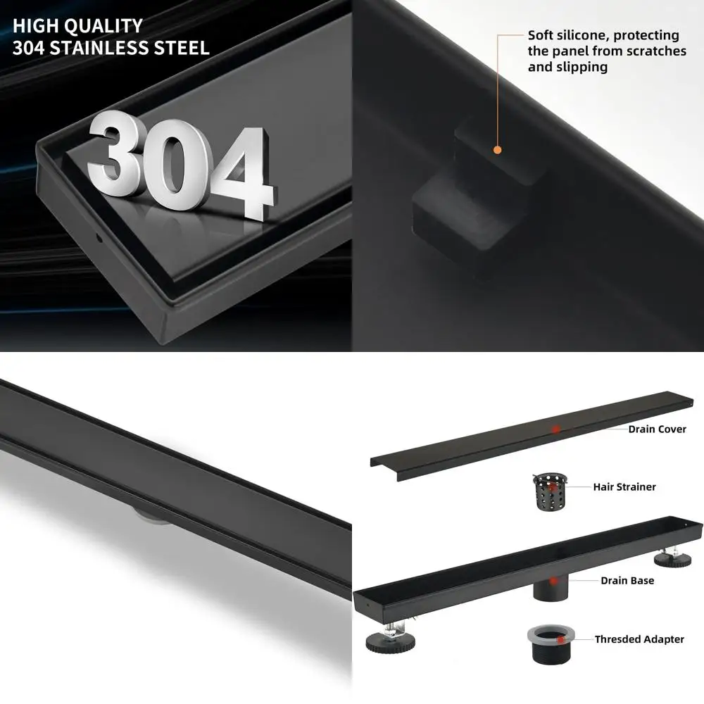 

36 Black 304 Stainless Steel Shower Drain with Tile Insert, Hair Catcher, Adjustable Feet for Bathroom and Balcony Use