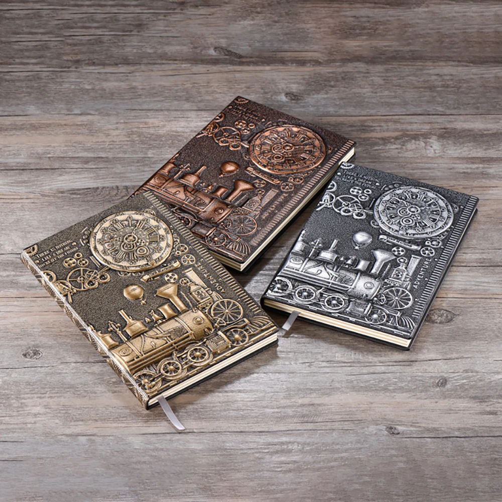 Retro Steam Train Relief A5 Notebook Journal Embossed Writing Notebook Handmade Leather Cover Diary Gift Office Supplies