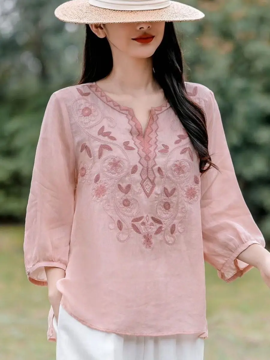 Elegant Embroidered Cotton Linen Women's Shirt V-Neck 3/4 Sleeve Traditional Chinese Style Breathable Summer New Arrival