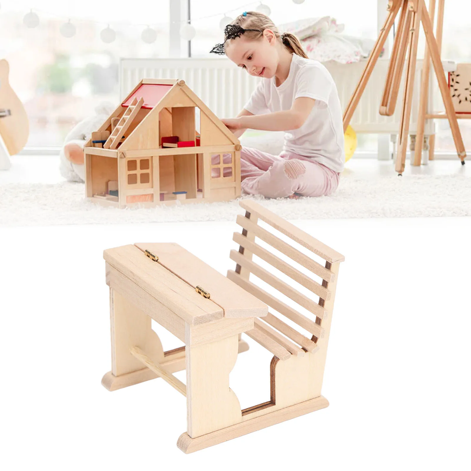 ZK40 1:12 Dollhouse Miniature School Desk Tiny Birch Wood Classroom Desk Chair for Child Room Library School Doll House