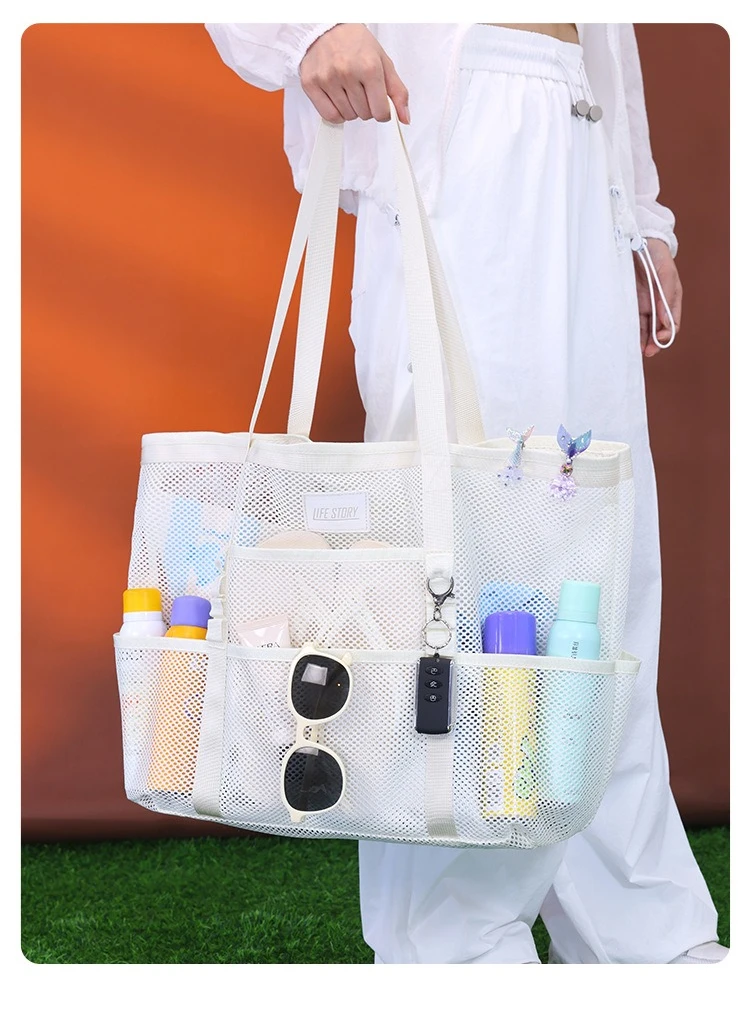 Atmungsaktive Mesh-Strandtasche mit mehreren Aufbewahrungstaschen, übergroße, schnell trocknende, wasserdichte Schultertasche für Sommersport im Freien – Detail 4