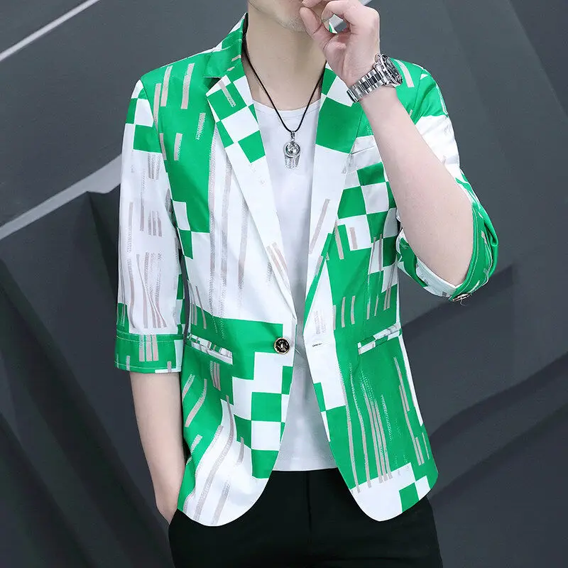 

Slim Fit Summer Thin Suit Set for Men Short Sleeve Half Sleeve mid Sleeve Korean Style Casual Polyester Fiber Single Button