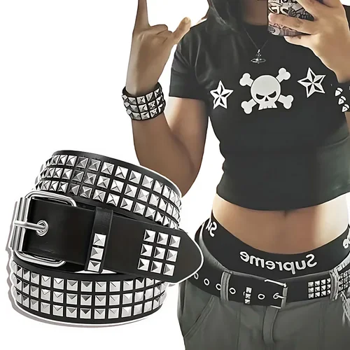 Cinturón con remaches de cuentas cuadradas para hombre y mujer, cinturón piramidal de Metal, Hardware Punk, cinturón vaquero para mujer, cinturones de diseñador a la moda 2024