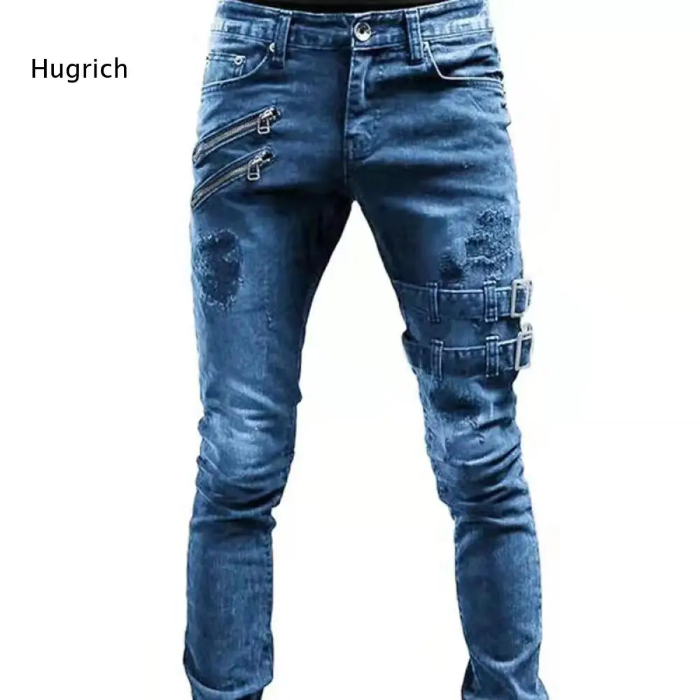 Slim Fit Ripped Denim Long Pants For Men Metal Zipper And Adjustable Strap Buckle Accents Washed Fabric For Urban Street Outfits