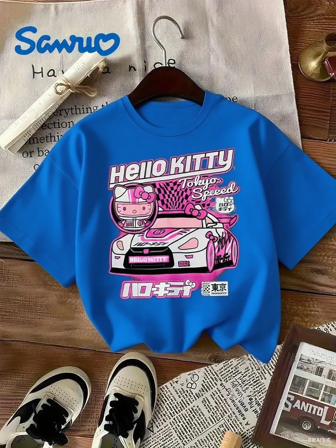 Camiseta casual de algodão com Sanrio Hello Kitty Racing Kitty com detalhes de carro e velocidade de Tóquio estampados conforto de algodão puro