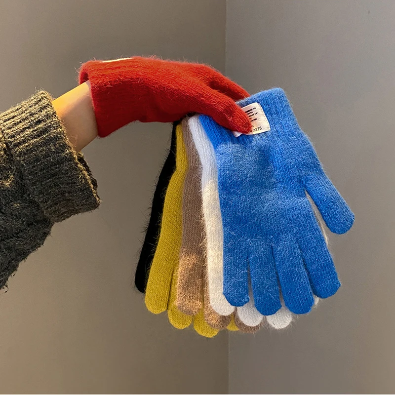 Luvas femininas de malha sólida outono inverno mão quente engrossar pulso curto feminino luvas de dedos completos inverno equitação esqui luvas