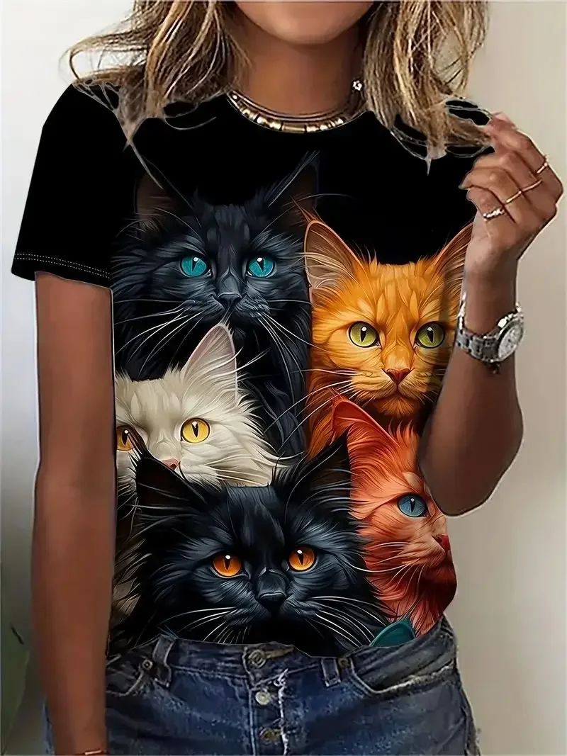 Women\'s T-shirt animal cat 3D printed summer short sleeved T-shirt cute girl street wear women\'s oversized pullover