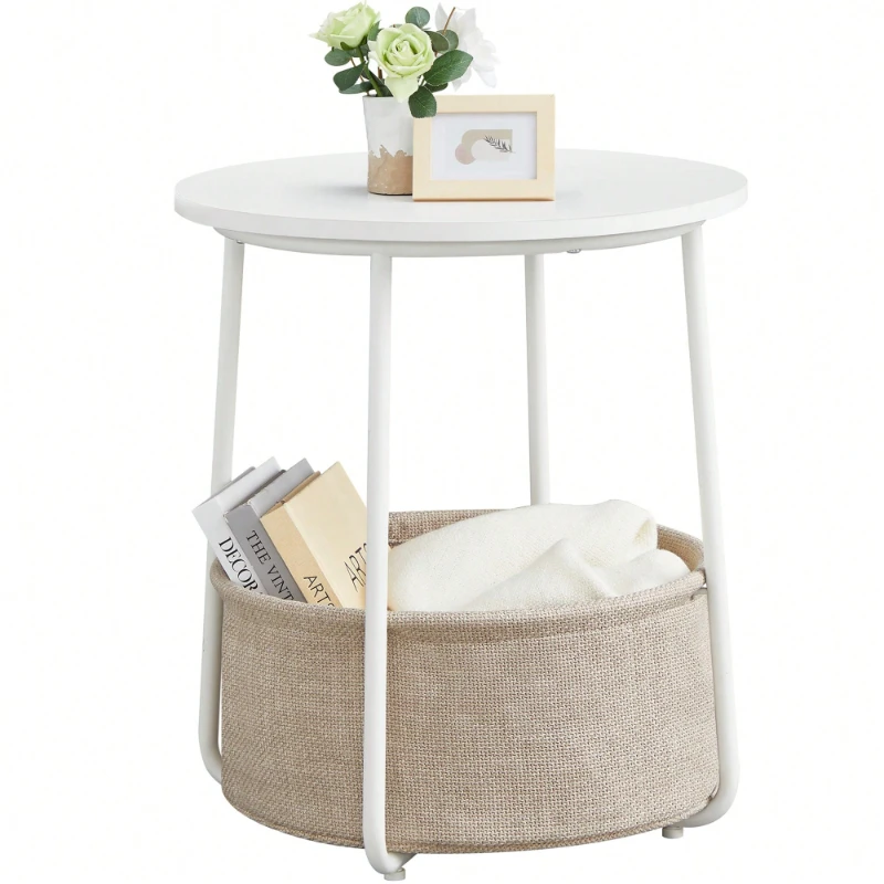End Table Round Nightstand with Fabric Basket for Living Room Bedroom Matte White Camel Brown