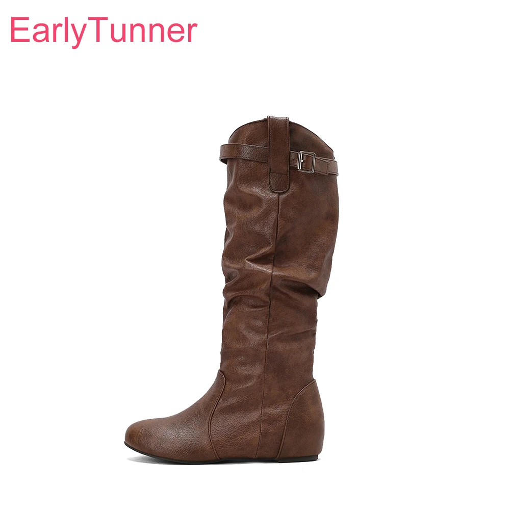 

2025 Новые зимние милые коричнево-белые женские ботинки до середины икры с круглым носком на танкетке, женские туфли телесного цвета, большие размеры 11 43 46 50