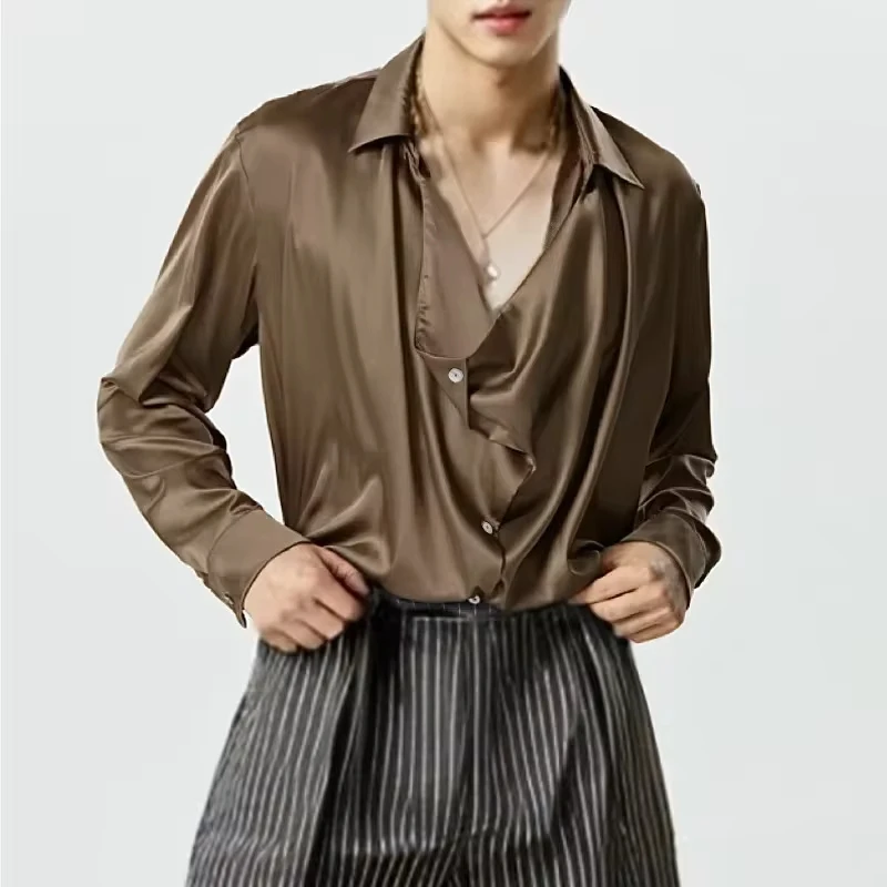 

Men Club Top Style Satin Party Shirt for Men with Baggy Front Design Lapel Collar Loose Fit Long Sleeve Club Top for Wear Swing