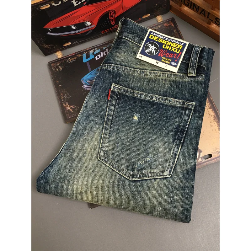 جينز مكسور بفتحة رقعة للرجال ثقيل الوزن من قماش الدنيم القديم أنبوب مستقيم فضفاض 2025 سراويل طويلة راقية جديدة عالية الجودة #1