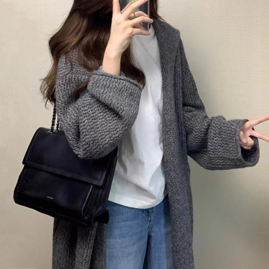 

Mid-Long Cardigans Japanese Womens Fall Knit Soft Asymmetric Chunky Cozy Minimalist Fitting Kintted Turtlneck Knitshirts Vintage