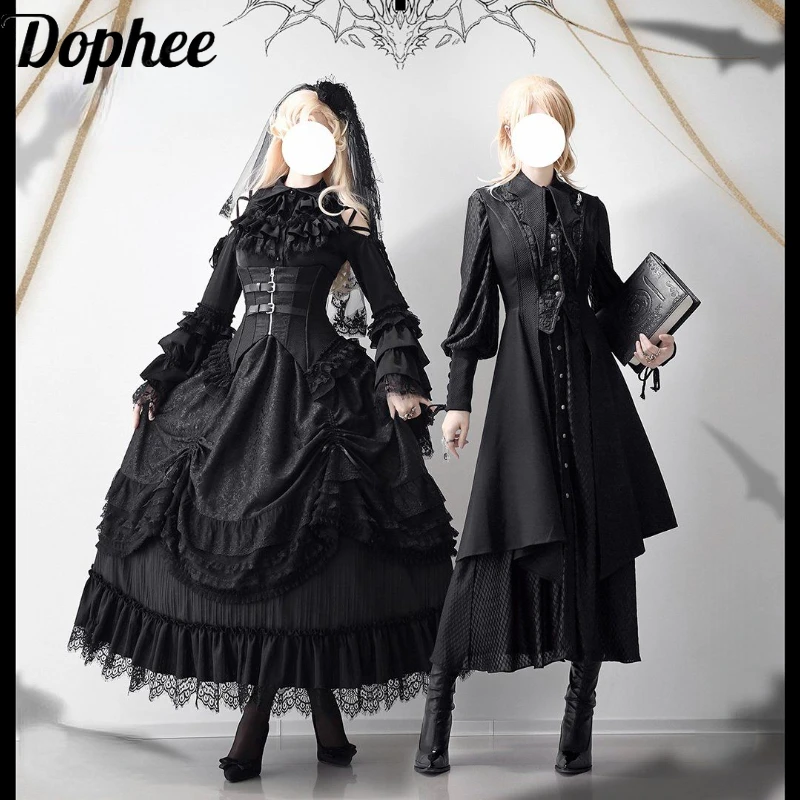 Dophee Original Design Gothic Ultra Long Vest Coat Elegant Single-breasted Long Sleeve Shirt Dress Retro Court Prince Princess