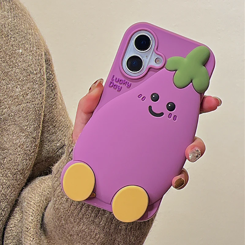 Lovely Smiling Face Eggplant Soft Case For iPhone 13 14 15 16 Pro Max Soft Silicone Phone Back Cover