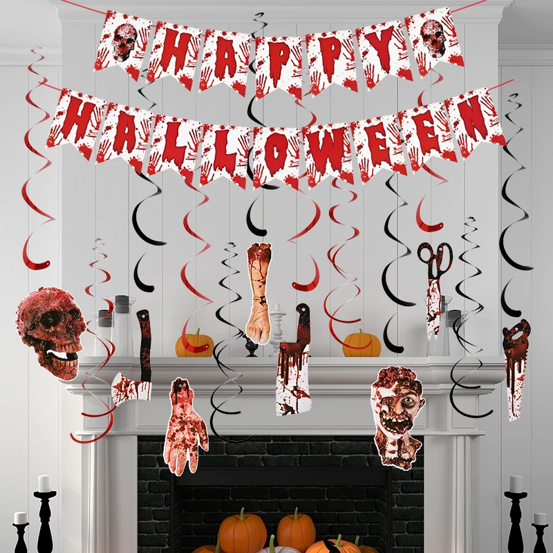 1set Halloween Party Decorations Skull Paper Head Hand Foot Horror Flag Pulling Halloween Festival Party Hanging Streamer Decor